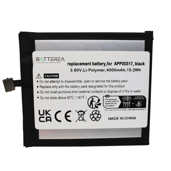 battery for cat s62 pro, replaces app00317, black, li polymer, 3.8v, 4000mah